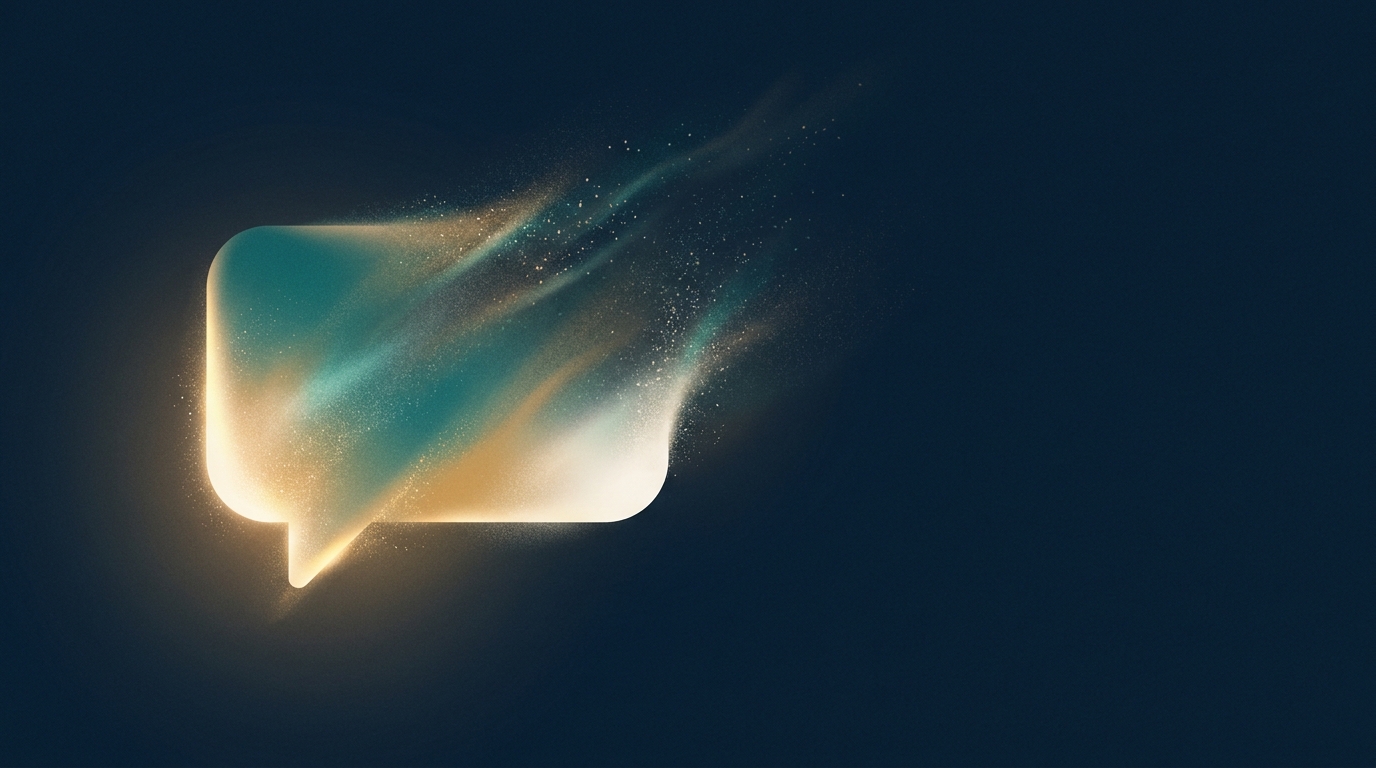 A glowing speech bubble dissolving into scattered light particles, a visual metaphor for a doctor's spoken explanation fading from a patient's memory