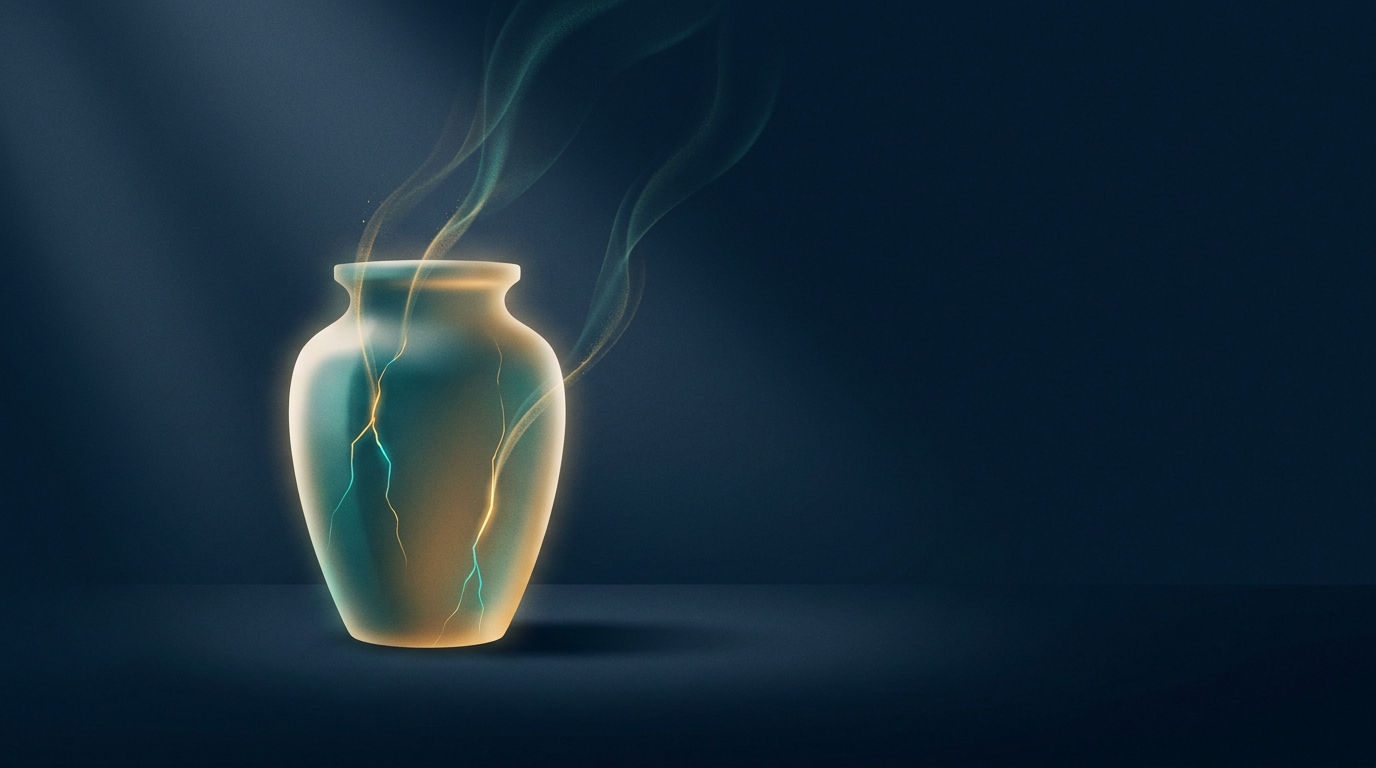 An abstract glowing vessel with three fine cracks releasing light, a visual metaphor for the three invisible leaks draining a doctor's practice