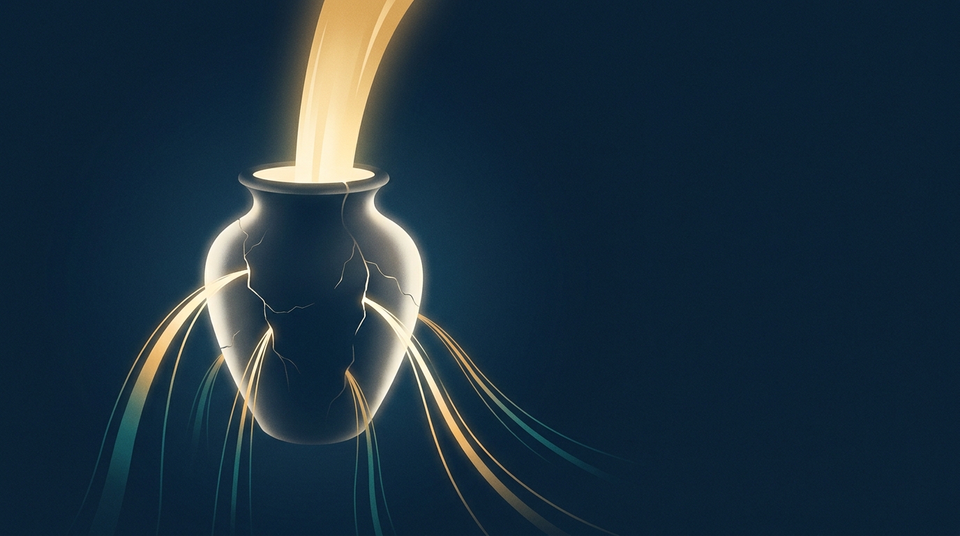 A glowing cracked vessel with light pouring in from above while equally much leaks out through its cracks, a visual metaphor for why more marketing does not fix a leaking clinic
