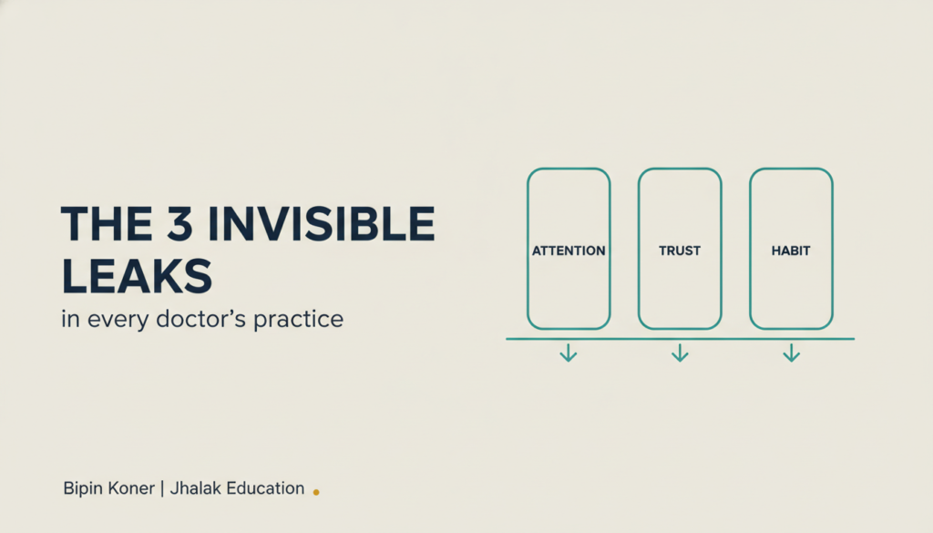 The 3 invisible leaks in every doctor's practice: attention, trust and habit. Bipin Koner, Jhalak Education.