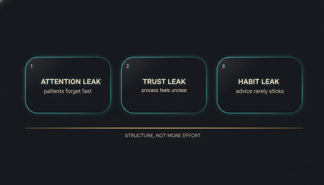 The Attention Leak, Trust Leak and Habit Leak, explained in three panels: structure, not more effort.