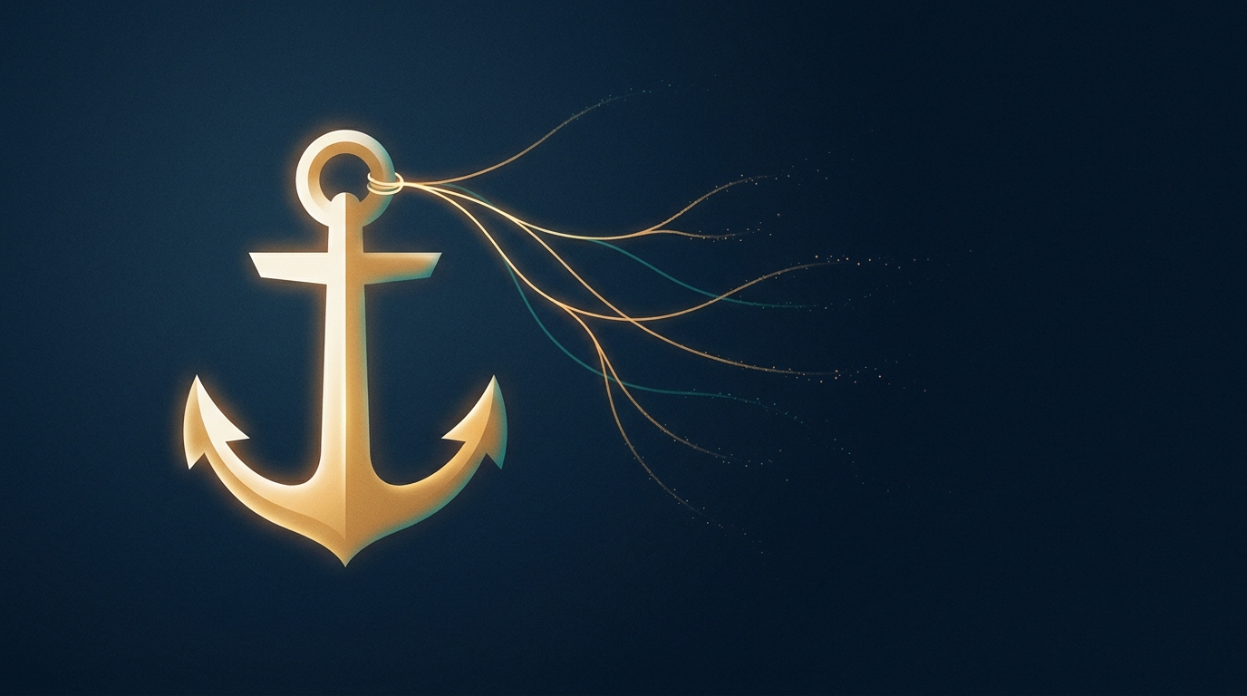 A solid glowing anchor with several faint, forking, unresolved paths of light extending from it and fading into the dark, a visual metaphor for a patient trusting their doctor but not trusting the unclear treatment process ahead